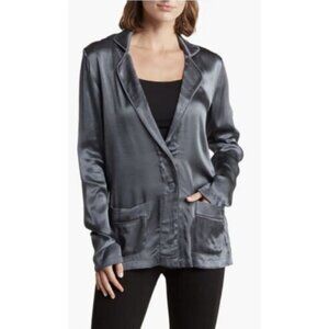 NWT Elie Tahari Rayon Satin Blazer M Concrete Blue Gray Jacket Flowy Neutral